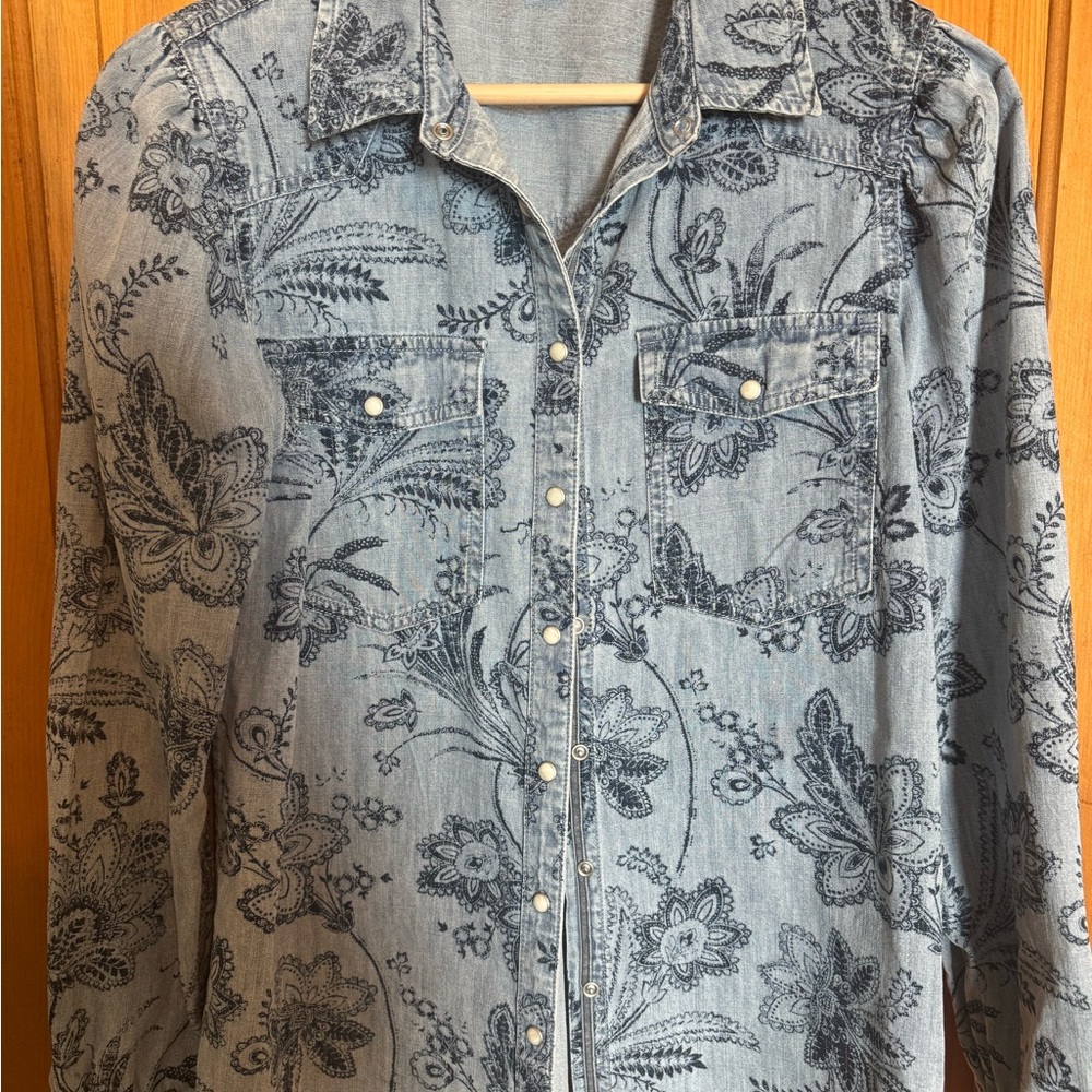 Sundance Catalog - Blue cotton/ denim with floral pattern cowgirl shirt.